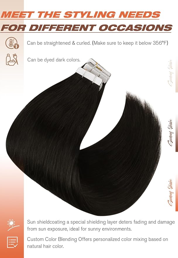 Sunny Hair Tape in Extensions,Remy Hair Extensions Tape in Black Invisible Tape in Hair Extensions Human Hair 100g 22Inch