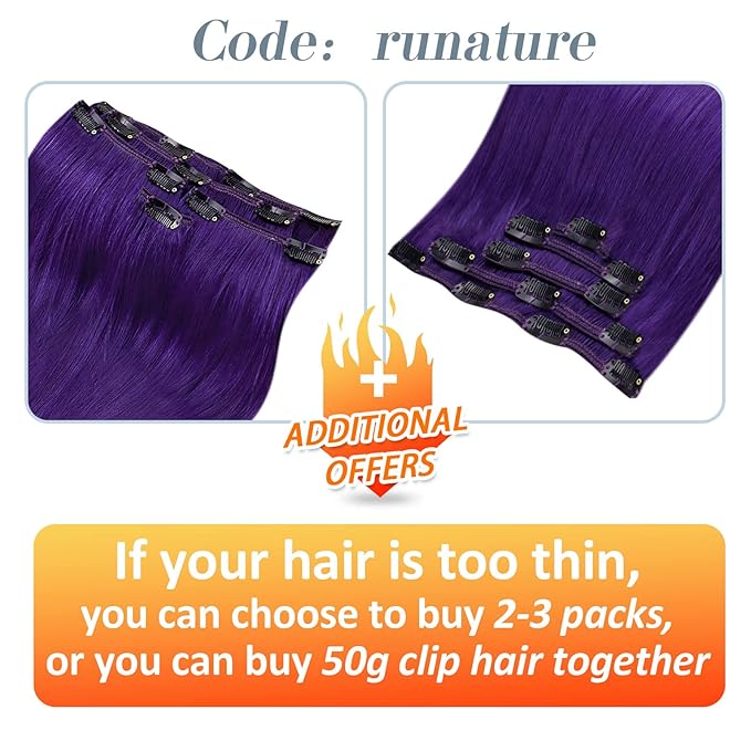 RUNATURE Clip in Hair Extensions Purple Clip in Human Hair Full Head Purple Hair Extensions Real Human Hair Clip Ins Party Highlight Colored Hair Extension 14 Inch 70g/5pcs