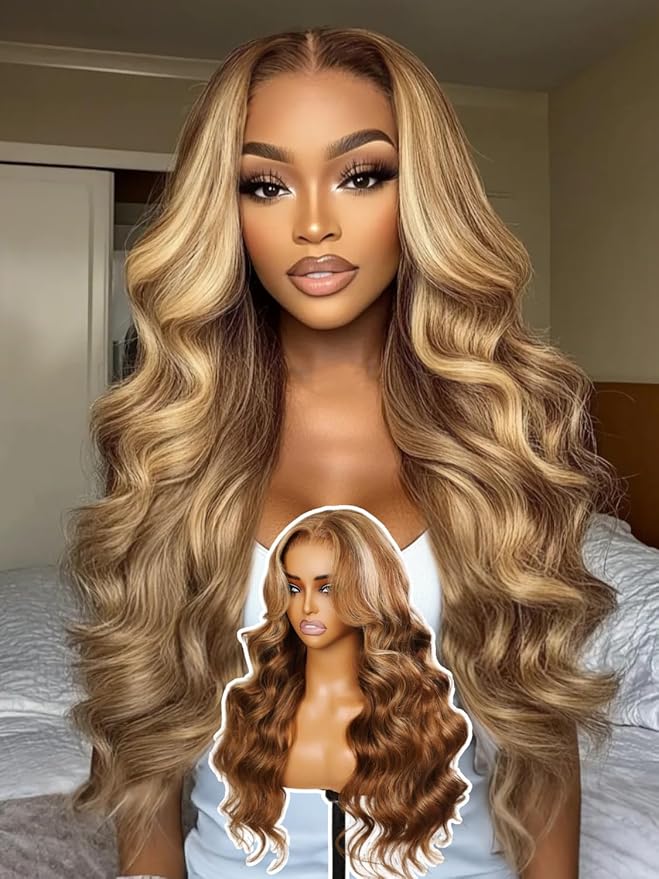 YIROO Pre Everything Wig Honey Blonde 13X4 Pre Cut Lace Front Glueless Human Hair Wigs Body Wave Brown Blonde Highlight Ombre Pre Bleached Invisible Bye Bye Knots Wig Pre Plucked 150% Density 22Inch