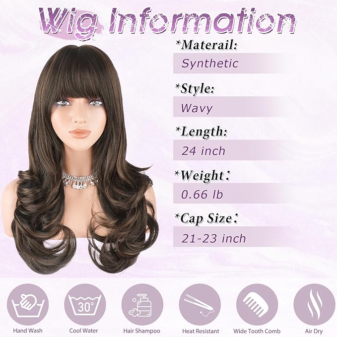 Haloo Brown Auburn Wigs with Bangs Long Wavy Layered Haircut Natural Looking Fluffy Synthetic Heat Resistant Hair Wig for Women Daily Party, 24 Inch Brown Mixed Auburn