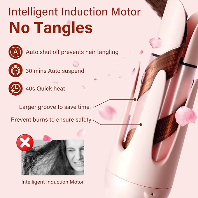 JAMIEWIN 3 in 1 Automatic Curling Iron, Hair Curlers with 3 Curling Barrels (1.1" - 1.26" - 1.57"), Rotating Curling Iron with 3 Temp, 2-Way Rotation, 10S Fast Heating, Anti-Scald, Dual Voltage, Pink