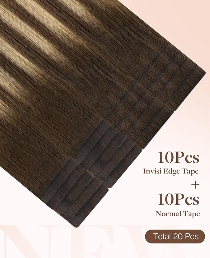 GOO GOO Invisi Edge Tape in Hair Extensions Human Hair, 4/18 Balayage Chocolate Brown Highlighted Dirty Blonde 10pcs injected with 10pcs classical tape ins, 16inch 50g, Virgin Remy Hair, Natural Look