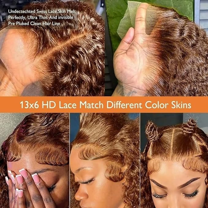 30 Inch Chocolate Brown Deep Wave Lace Front Wigs Human Hair Pre Plucked 200% Density 13x6 HD Lace Frontal Wigs with Baby Hair Deep Curly Wet and Wavy Glueless Wigs for Women (4# Brown, 30 Inch)