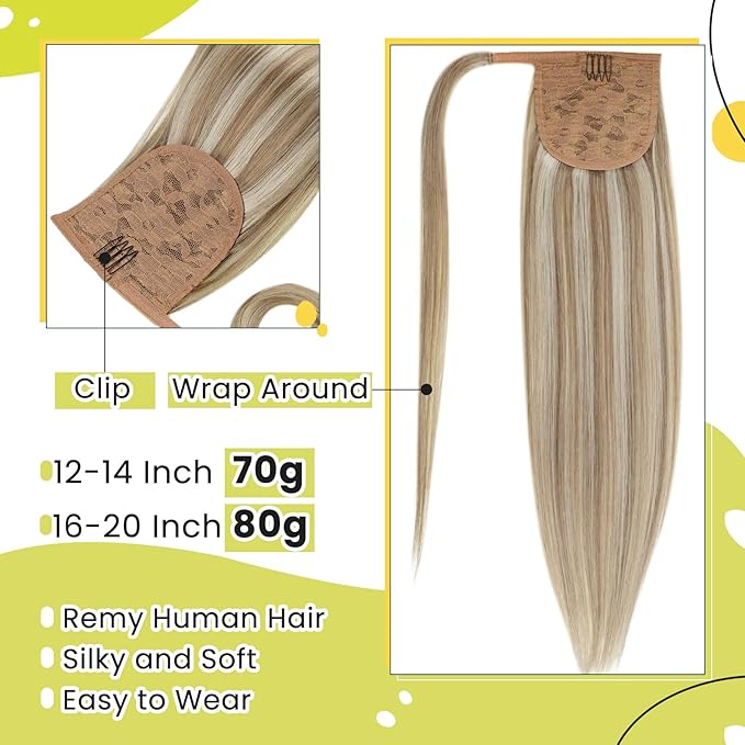 RUNATURE Ponytail Extension Human Hair Blonde, Real Hair Ponytail Extension, 20 Inch Human Hair Ponytail, Long Ponytail Hair Extensions, Remy Natural, 80g #8P60 Light Brown Highlight Platinum Blonde