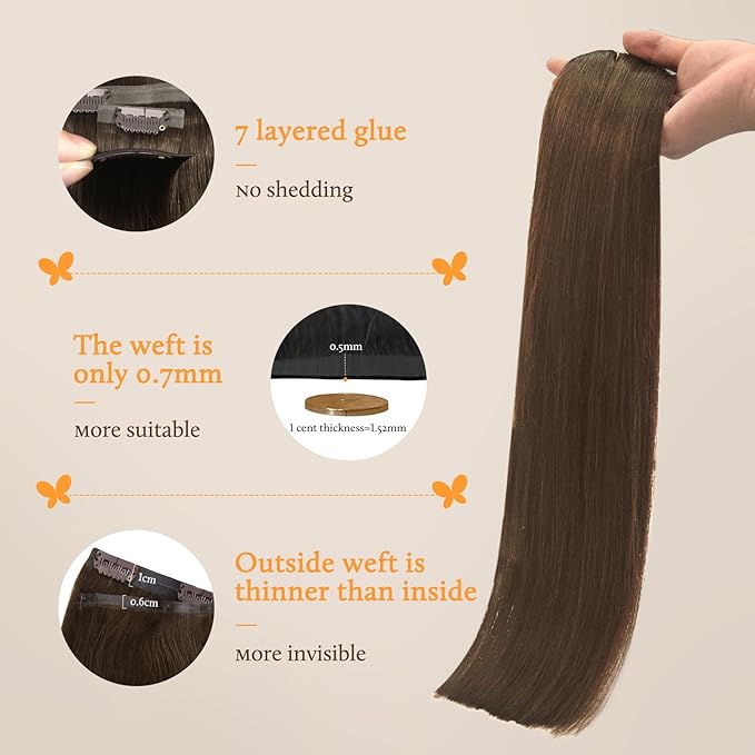DOORES Seamless Clip-in Hair Extensions, Chocolate Brown 20 Inch 110g 7pcs, Clip-in Human Hair Extensions Straight Natural Thin Weft Invisi Edge