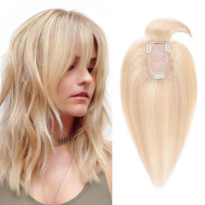 SEGO Hair Toppers for Women Real Human Hair with Thinning, with Front Bangs Clip in Toppers Straight 150% Density Silk Base -16 Inch #18/613 Ash Blonde Mix Bleach Blonde