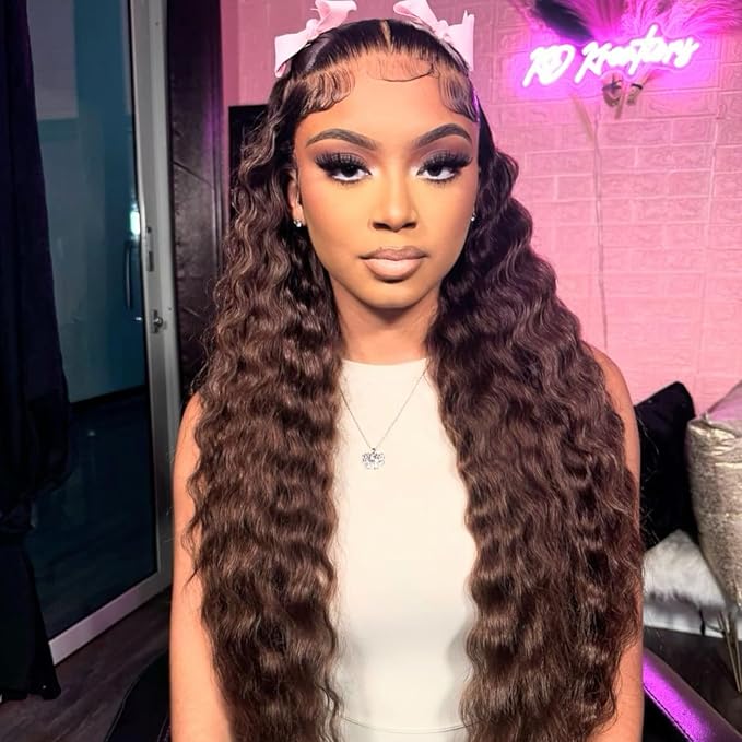 MEIMEI 30 Inch 250% Density HD Full Lace Front Wigs Human Hair Loose Deep Wave Chocolate Brown 15A Grade Real Full Large Lace Space Brown 13x4 Loose Wave Lace Frontal Wigs Human Hair Pre Plucked
