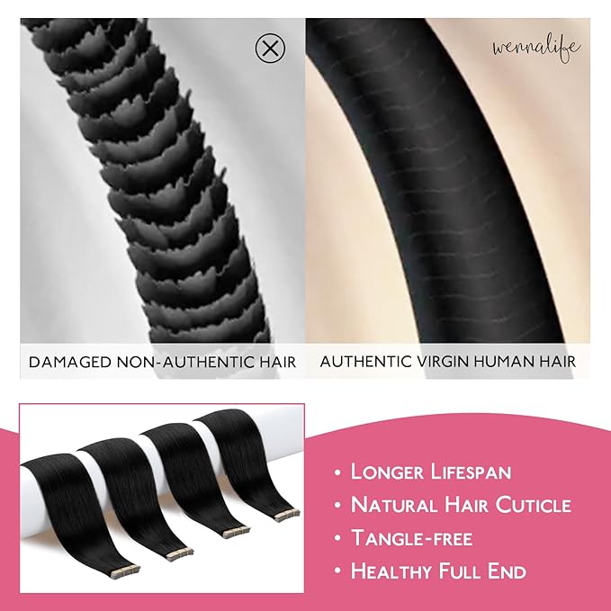 WENNALIFE Tape in Hair Extensions Human Hair Jet Black Tape in Extensions, 10pcs 30g 20 inch Remy Invisible Tape Ins Straight Colored Soft Real Human Hair Tape in Extensions Refill Set Extensions
