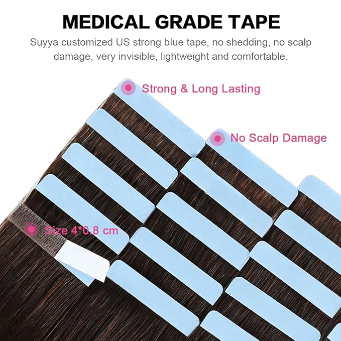 SUYYA Tape in Hair Extensions Human Hair 18 inches 50g 20pcs Straight Seamless Skin Weft Tape in Hair Extensions Remy Human Hair(18 inches #2 Darkest Brown）