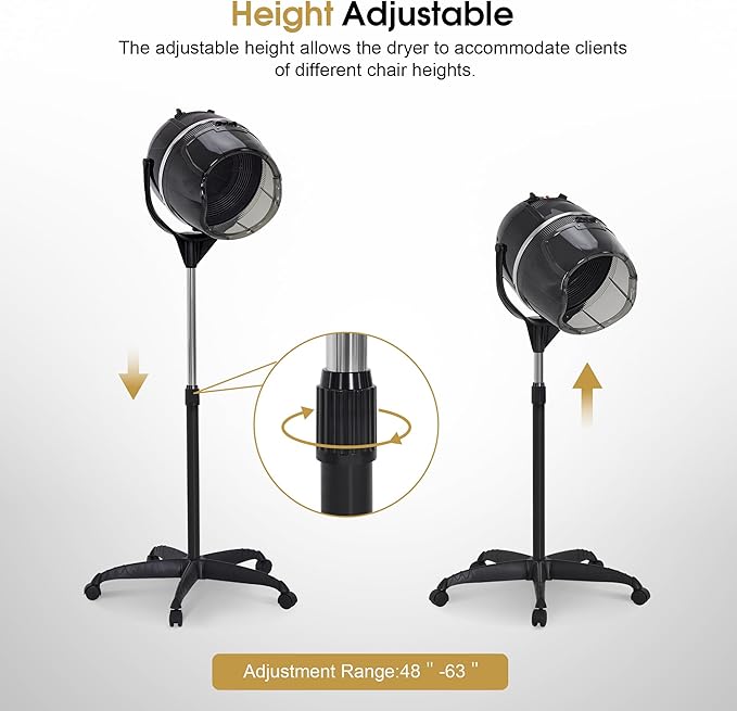 BarberPub 1300W Hooded Hair Bonnet Dryer with Stand, Height Adjustable Floor Standing Rolling Base, Beauty Salon Equipment with 360° Rotation VHD08 (Black)