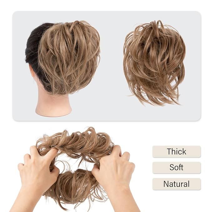 SARLA Messy Hair Bun Hair Pieces Curly Synthetic Updo Fake Scrunchies Ponytail Extension for Women Light Auburn 1PCS