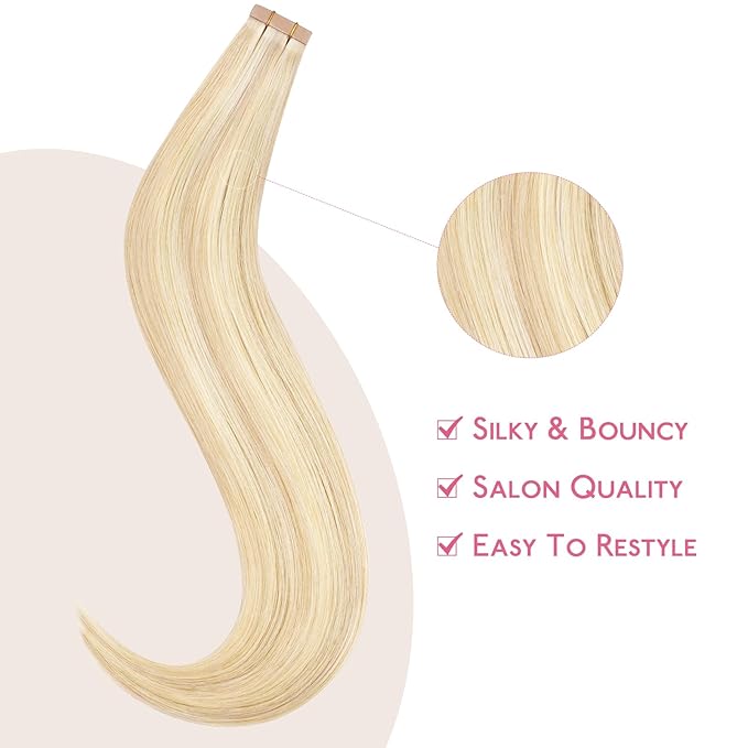 WENNALIFE Tape in Hair Extensions Human Hair Balayage Light Wheat Platinum Blonde Tape in Extensions, 10pcs 20g 12 inch Remy Invisible Tape Ins Straight Colored Soft Real Human Hair Tape in Extensions