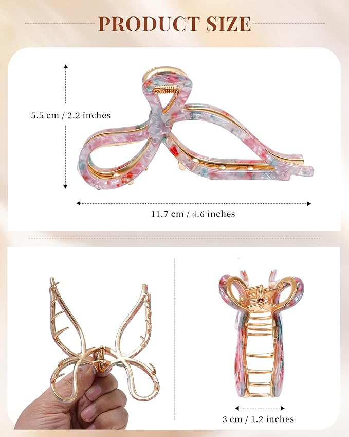ACECHA 2 Pack Bow Hair Claw Clips for Women, 4.5" Gold Metal Hairclips for Thick Thin Hair, Large Non-slip Claws Strong Hold Styling (Floral 00)