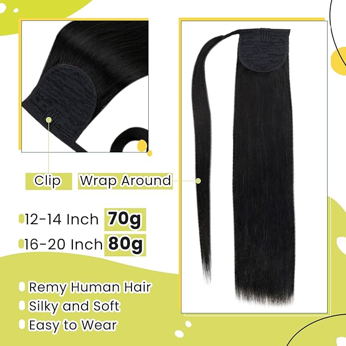RUNATURE Human Hair Ponytail Black, Ponytail Extension Real Human Hair, Remy Ponytail Extension With Magic Paste, Soft Straight Hair Tangle Free, 16 Inch 80g #1B Off Black