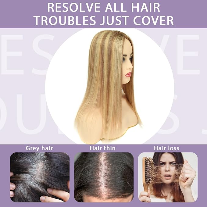 Real Human Hair Toppers for Women #TLQ, 3x5 Inch Injected Silk Base 130% Density 12 Inch Length Hair Toppers