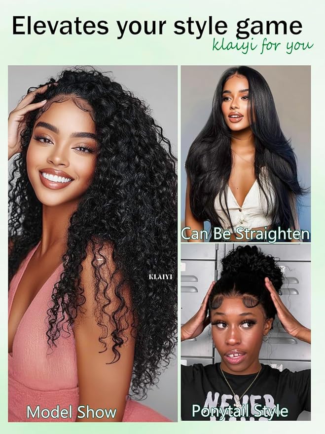 KLAIYI Water Wave HD Real Scalp Glueless Precut 13x4 Lace Front Human Hair Wig Drawstring Bye Bye Knots Pre Plucked Bleached Pre Everything 30S Ready to Wear and Go Deep Curly Wave Beginner Wig 18Inch