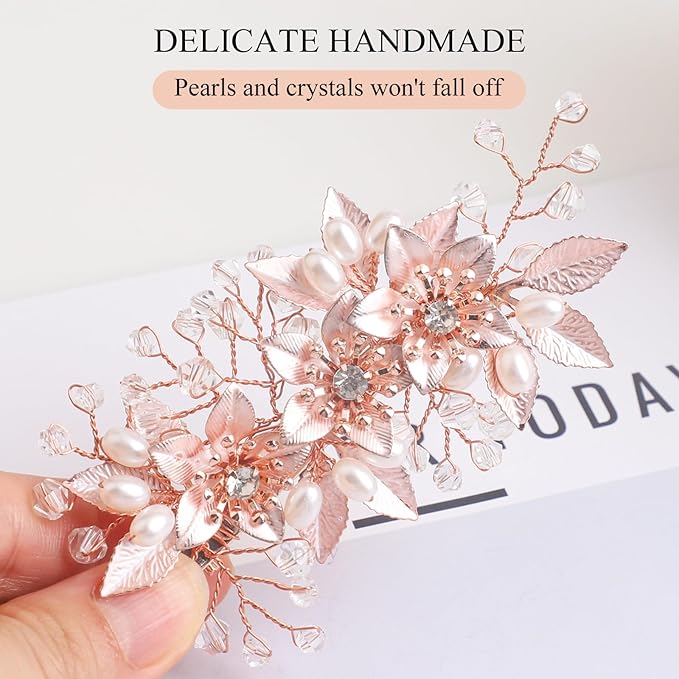Floral Crystal Pearl Alligator Hair Clip and Rhinestone Bobby Pins, Elegant Hair Accessories for Bridal Women in Wedding or Prom, Set of 3 (Rose Gold)