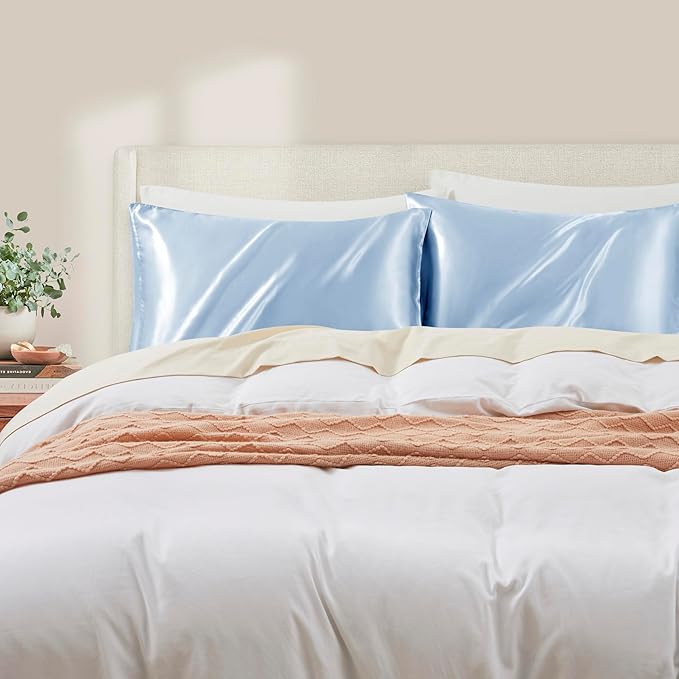 Light Blue King Size Satin Pillowcase Set of 2 with Envelope Closure,Light Blue Silk Pillowcase for Hair and Skin (20x36)