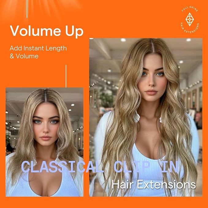 Full Shine Brown Blonde Clip in Hair Extensions Chestnut Brown Ombre Blonde Color 6/60/6 Real Hair Extensions Clip ins 22 Inch Straight Clip in Remy Hair 7 Pcs 120 G