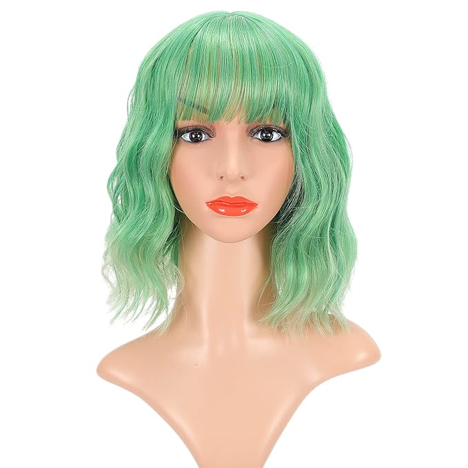 FAELBATY Green Wig Short Bob Wigs With Air Bangs Shoulder Length Wig For Women Curly Wavy Synthetic Cosplay Wig for Girl Costume Wigs (12" green color)