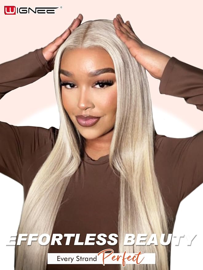 WIGNEE 13x6 Synthetic Lace Front Wig 28" Ash Blonde Wig Pre-Plucked Handmade Lace Front Wigs with Kanekalon Futura Hair Voluminous Long Straight Synthetic Wigs for Daily Party Use