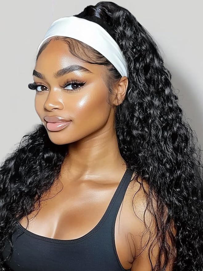 KLAIYI Headband Human Hair Wig Water Wave Curly Non Lace Front Wigs for Black Women Deep Wave Glueless Wear and Go Half Wig 30S Ready to Go Beginner Friendly 180% Density 12A Natural Hairline 14Inch
