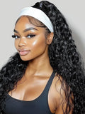 KLAIYI Headband Human Hair Wig Water Wave Curly Non Lace Front Wigs for Black Women Deep Wave Glueless Wear and Go Half Wig with Band 30S Ready to Wear Beginner Friendly 180% Natural Hairline 18Inch