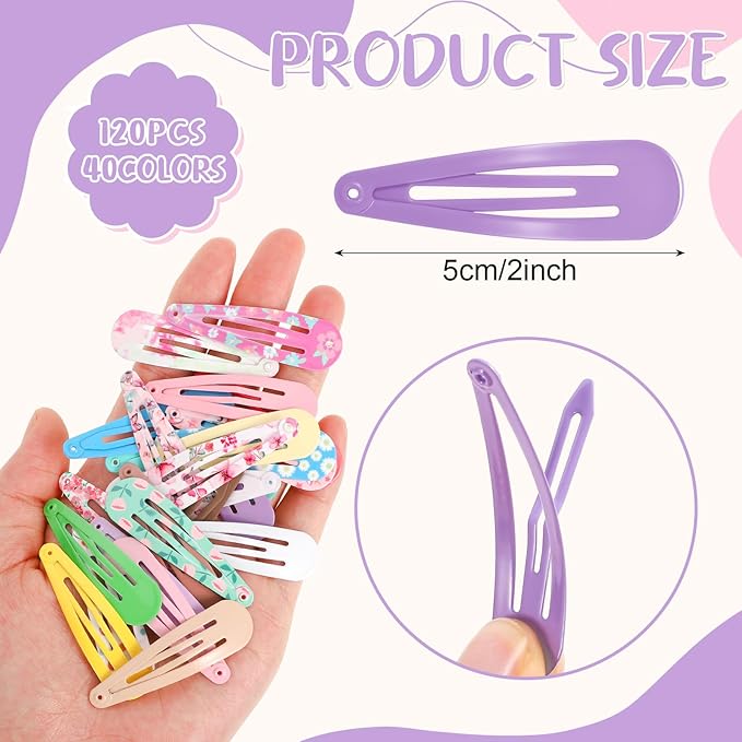 obeoby 120 Pcs 40 Colors Metal Snap Hair Clips, 2 Inch Hair Barrettes Hair Accessories for Girls Toddlers Women Birthday Valentines Day Gifts