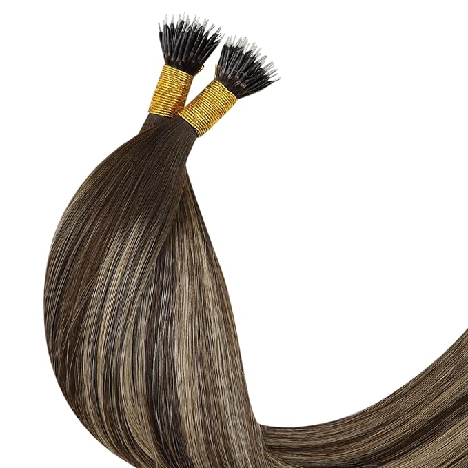 YoungSee Nano Extensions Human Hair Brown Balayage Nano Ring Hair Extensions Balayage Dark Brown Ombre Caramel Blonde Nano-Bead Extension 1g/s Nano-link Hair Extension for Daily Soft 16Inch