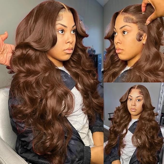 13x6 Body Wave Lace Front Wigs Human Hair Chocolate Brown Wig Human Hair Pre Plucked With Baby Hair 180 Density 4# Colored Brown HD Lace Frontal Wigs for Women 30Inch