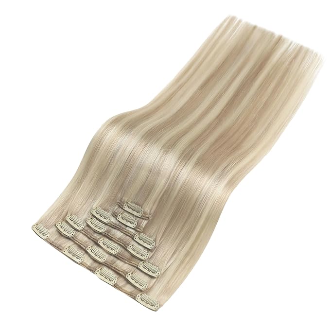 YoungSee 135G Blonde Clip in Human Hair Extensions Highlight Human Hair Clip in Extensions Warm Ash Blond Highlights Bleach Blonde Hair Extensions Clip ins Silky Remy Hair 16Inch 7Pcs