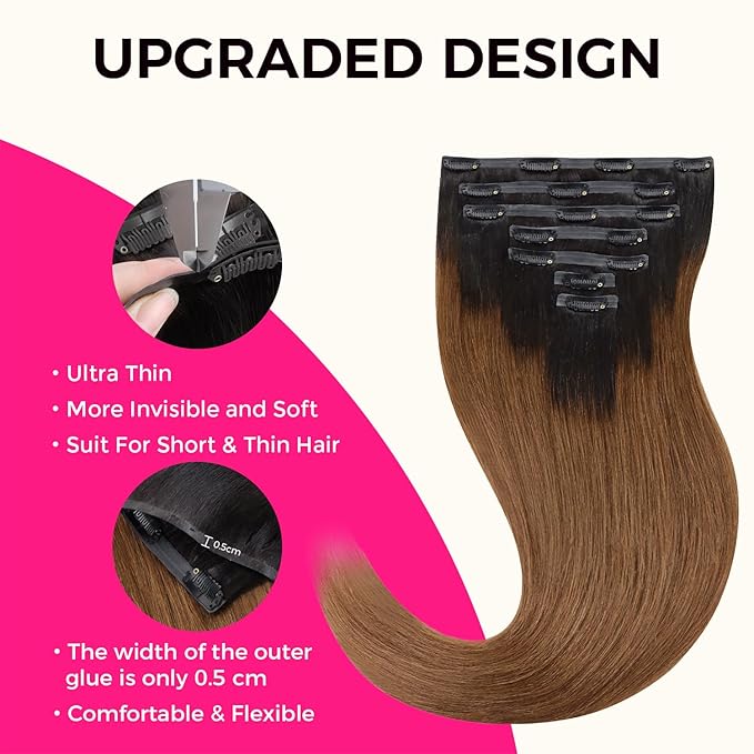Lashey Seamless Clip in Hair Extensions Human Hair Ombre Natural Black to Medium Auburn Light Yaki Straight Clip in with PU Soft Invisi Edge 110g 7pcs 16 Inch Hair Extensions