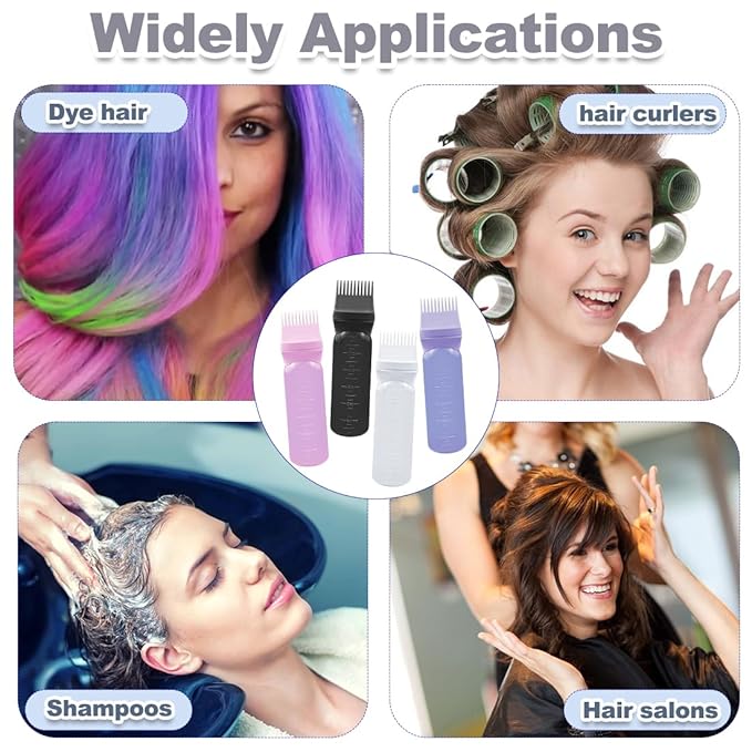 4 Pcs Root Comb Applicator Bottle 6oz,Hair Oil Applicator Bottle for Hair,Oil Comb Applicator Hair Bottle Applicator for Hair Dye Shampoos Hair Salons Camping Traveling (black+white+purple+pink)