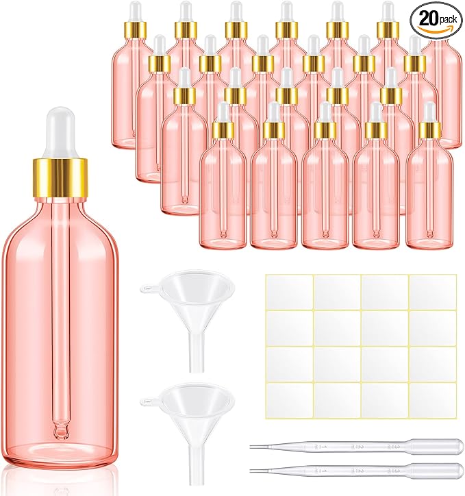 Tessco for you 20 Pack 3.4 oz Glass Dropper Bottles with Glass Eye Droppers for Essential Oils, Empty Oil Bottles with Funnel, Labels and Pipette for Hair Oils Perfume Cosmetic Travel(Pink)