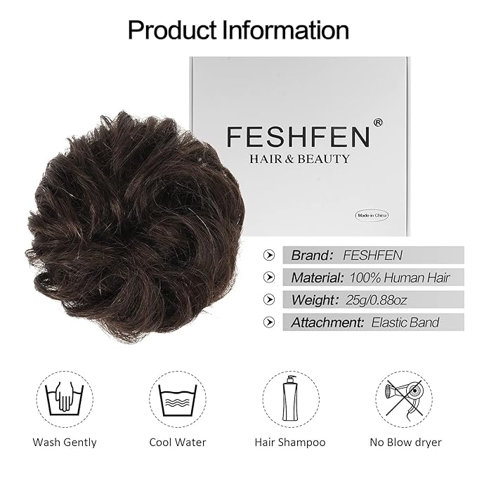 FESHFEN Human Messy Buns - 100% Human Hair Bun Real Scrunchies Hair Pieces Ponytail Extensions Wavy Tousled Updo Chignon Hairpieces for Women, Brown