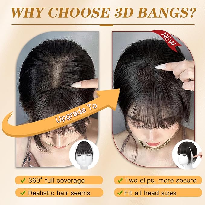 NAYOO Hair Toppers for Women Real Human Hair, 360° Cover Clips in Full Fringe Fake Bangs Hair Pieces for Women Girls Daily Wear(Dark Brown)
