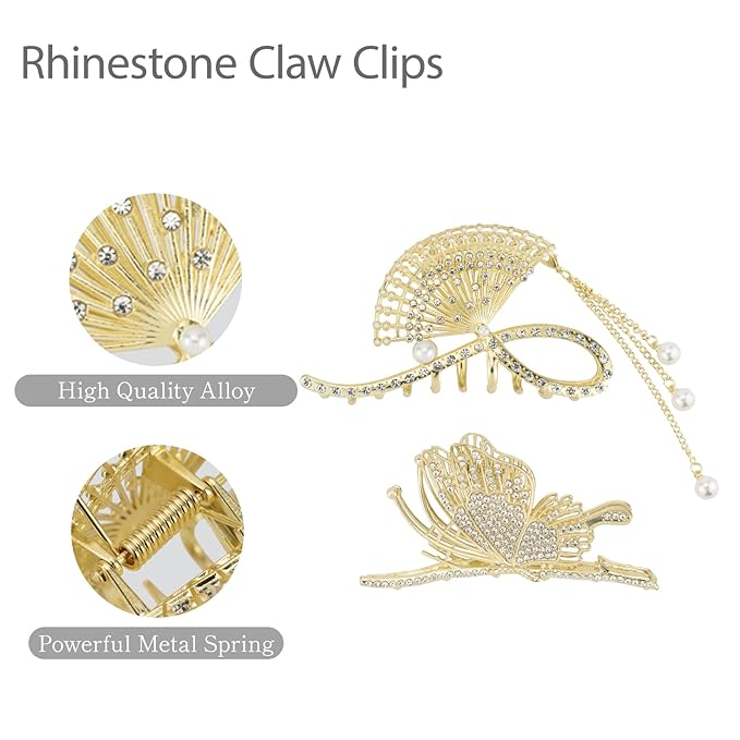 2PCS Gold Fan-Shaped Rhinestone & Pearl Hair Clips, Large Metal Claw Clips with Tassel, Elegant Hair Accessories for Women
