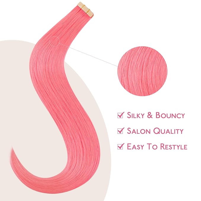 WENNALIFE Tape in Hair Extensions Human Hair Light Pink Tape in Extensions, 10pcs 20g 10 inch Remy Invisible Tape Ins Straight Colored Soft Real Human Hair Tape in Extensions Refill Set Extensions