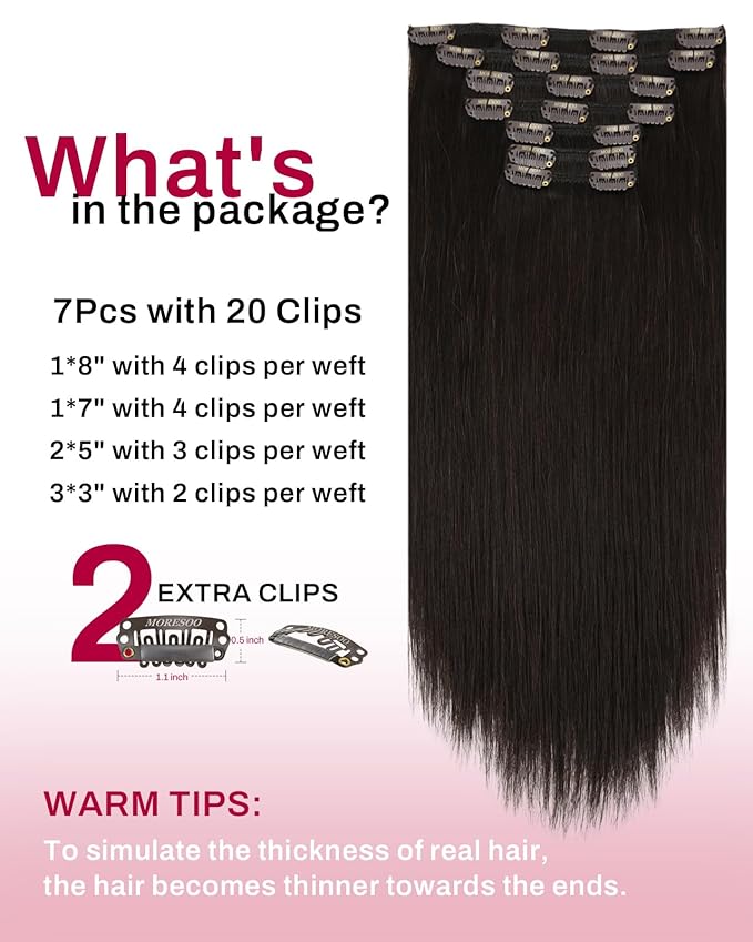 Moresoo Clip in Hair Extensions Real Human Hair Brown Human Hair Clip in Extensions Remy Double Weft Clip ins Human Hair Extensions Full Head Dark Brown #2 7pcs/135g 18inch