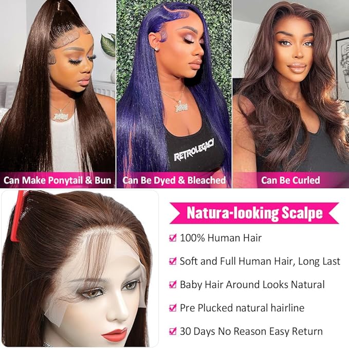 Hermosa 13x4 Chocolate Brown Lace Front Wigs Human Hair 180% Density Straight Chocolate Lace Frontal Human Hair Wig Pre Plucked Hairline 4# Brown Wig 16 Inch