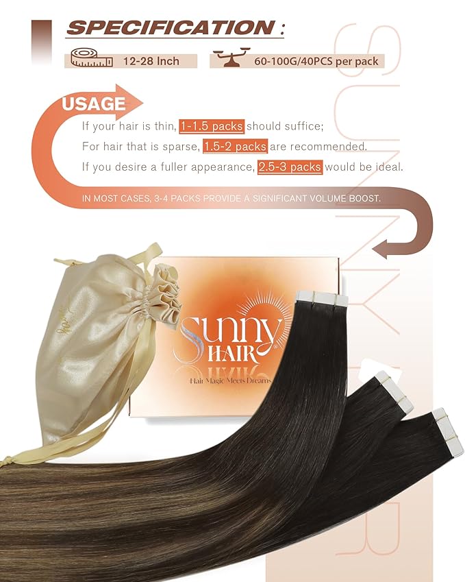 Sunny Hair Tape in Hair Extensions Human Hair, 22 Inch 40Pcs Remy Tape in Extensions Black Balayage Brown Ombre Ash Blonde Hair Extensions Tape in 100g