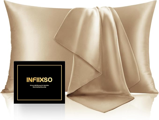 INFIIXSO Silk Pillow Cases 2 Pack Standard Size, Ultra Smooth & Soft Mulberry Silk Pillow Case for Hair and Skin, Breathable Cooling Silk Pillowcase with Hidden Zipper (Champagne, 20x26 Inches)