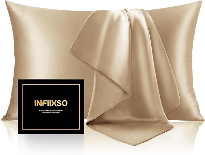 INFIIXSO Mulberry Silk Pillowcase for Hair and Skin, Silk Pillow Cases Queen Size Set of 2 with Hidden Zipper 20x30 Inches, Smooth and Soft Cooling Pillow Cases for Hot Sleepers(Champagne, 2 Pack)