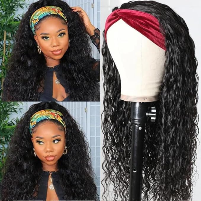 KLAIYI Human Hair Water Wave Curly Non Lace Front Wigs for Black Women, Deep Wave Glueless Wear and Go Half Wig, 30S Ready to Go Wig with Band, Beginner Friendly, 20Inch