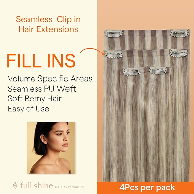 Full Shine Seamless Clip in Hair Extensions Human Hair, Highlights Blonde to Ash Blonde Real Hair Extensions Clip in, Seamless Wefts for Thin Hair Add Volume, 4Pcs 16Inch 65 grams