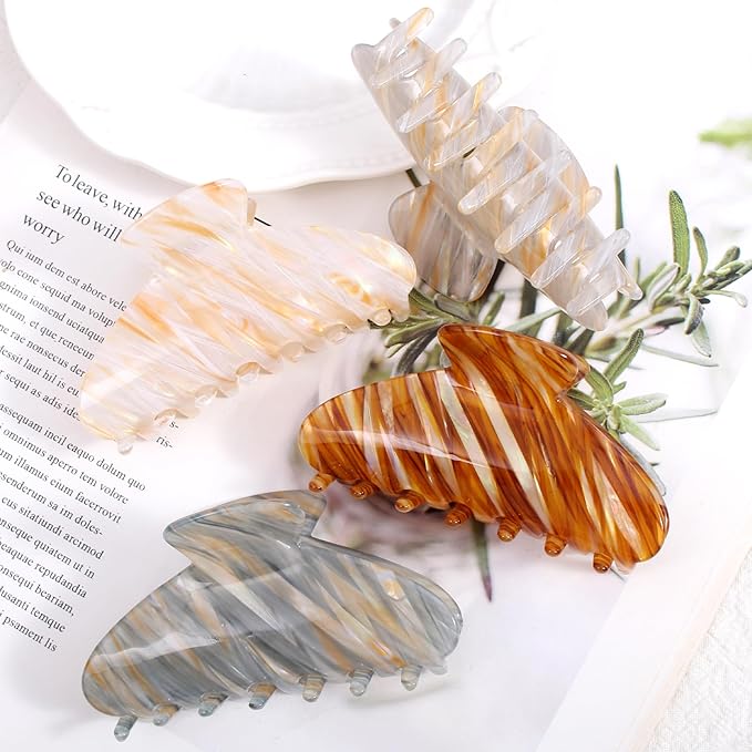 4 Pack Large Cute Acrylic Hair Claw Clips for Women, Strong Hold Non-Slip Barrettes for Thick Hair - Mermaid Striped Design Hair Accessories