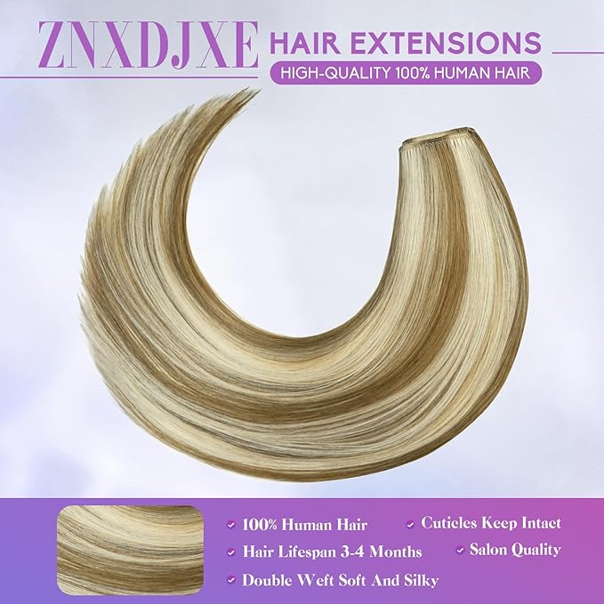 Blonde Clip in Hair Extensions Real Human Hair, 16 Inch 90g Natural Human Hair, Remy Human Hair Extensions Cip ins for Women 8pcs Per Set #16/22 Light Blonde Highlighted Golden Blonde