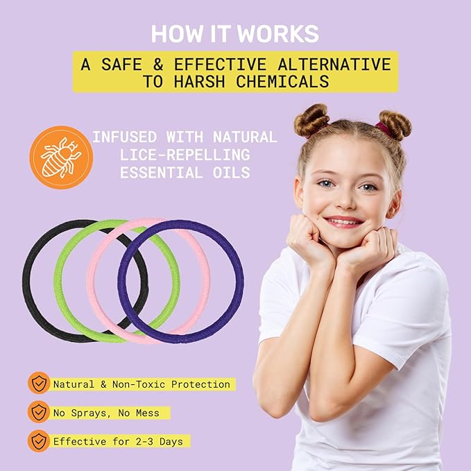 Hair Ties for Healty hair care - Infused with Essential Oils for Natural Prevention - Girls Hair Ties with Long-Lasting Protection - Safe & Non-Toxic Repellent Ties for Daily Use - (4-Pack)