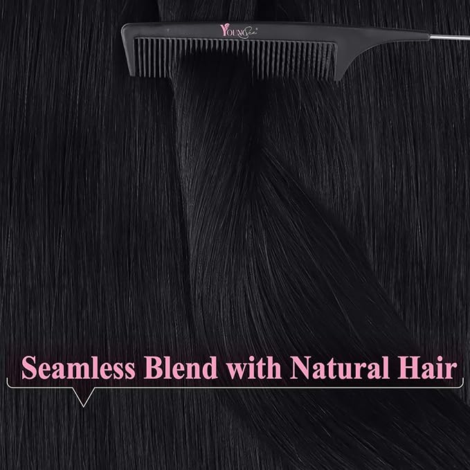 YoungSee Tape in Hair Extensions Real Human Hair Black Tape in Extensions Human Hair 24 Inch Jet Black Invisible Tapein Hair Extension 20pcs for Long Hair 50g Tapes ins Hair Extension Soft and Shiny