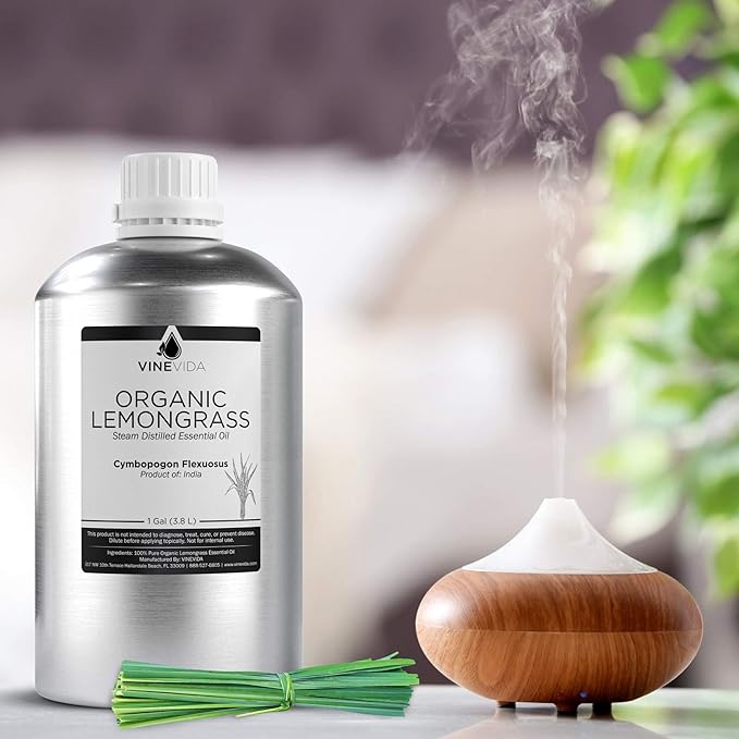VINEVIDA Organic Lemongrass Essential Oil - Gallon Organic Lemongrass Oil Undiluted - Bulk Gallon Essential Oil for Soap Making Safe for Skin - DIY Candle Scents for Candlemaking Scents - 8 lbs